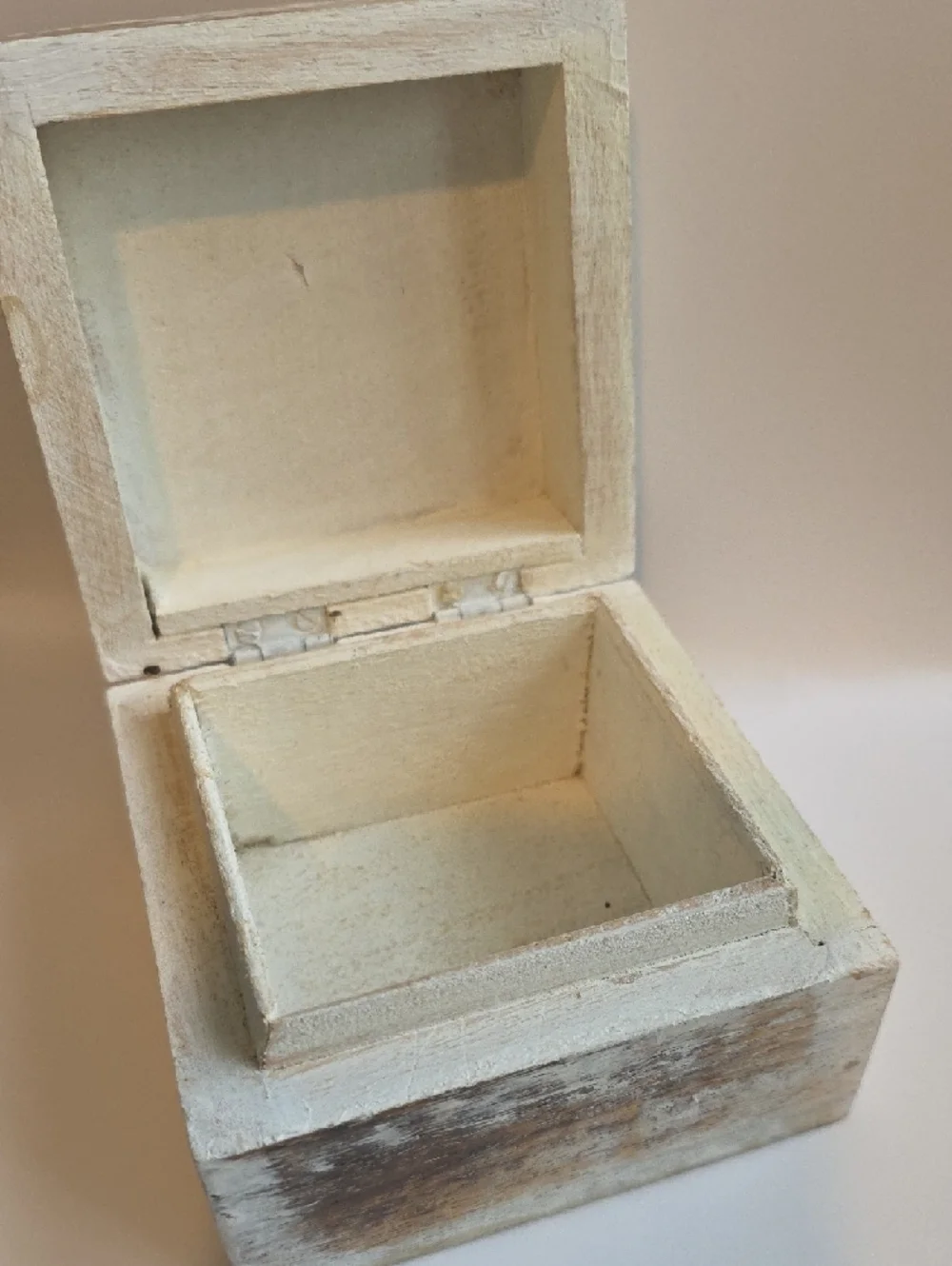 Distressed Whitewashed Wood Jewelry Box with Metal Floral Accents